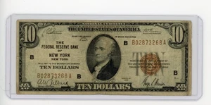 1929 $10 FEDERAL RESERVE BANK OF NEW YORK, NY BROWN SEAL XF - Picture 1 of 2