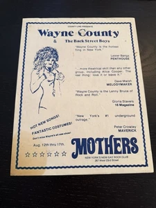 Póster volante vintage del condado de Wayne Live At Mothers NYC 1980 + notas de Peter C. - Imagen 1 de 4