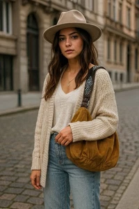 Y2K Vintage TYLIE MALIBU Brown Suede Rhinestone Studded Boho Hobo Purse Cali USA - Picture 1 of 13