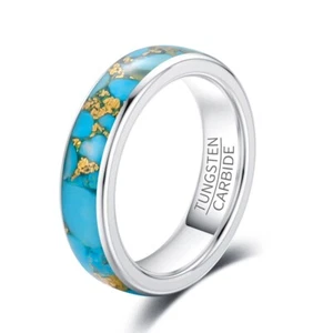 6mm Blue Gold Turquoise Tungsten Carbide Wedding Band Unisex Fashion Pinky Ring - Picture 1 of 2