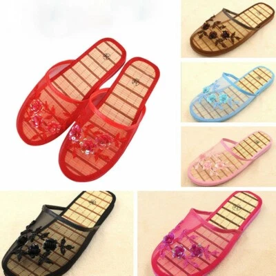 Mujer Zapatillas Planas Interior Cuentas Lentejuelas Floral Malla Hogar Zapatos Sin Cordones Sandalia Foto 1 de 4