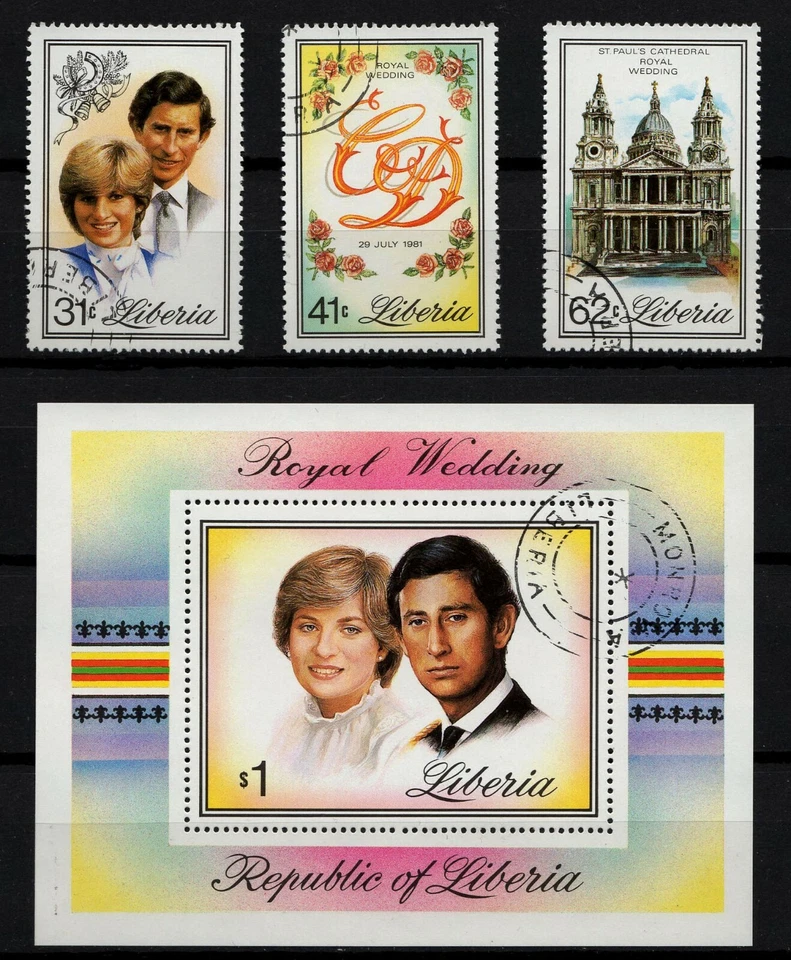 LIBERIA, SCOTT # 897-900, JUEGO COMPLETO USADO CTO DE SELLOS Y HOJA, BODA REAL Foto 1 de 1