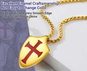 New Knights Templar Cross Shield Stainless Steel Pendant Necklace Gold - Picture 1 of 4
