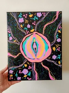 Original Art Vulva Woman Yoni Vagina Wall Art Canvas 11 X 14 Inch Black Canvas - Picture 1 of 10