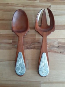 Vintage Wooden Salad Servers Fork & Spoon with Embossed Metal Handles - Picture 1 of 6