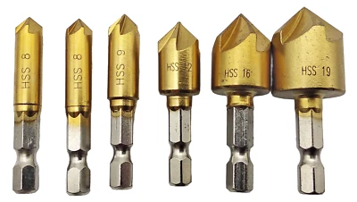 6 tlg HSS Senker Bohrer Set TIN 8-19 mm für Akkuschrauber Sechskant Bit Aufnahme - Bild 1 von 2