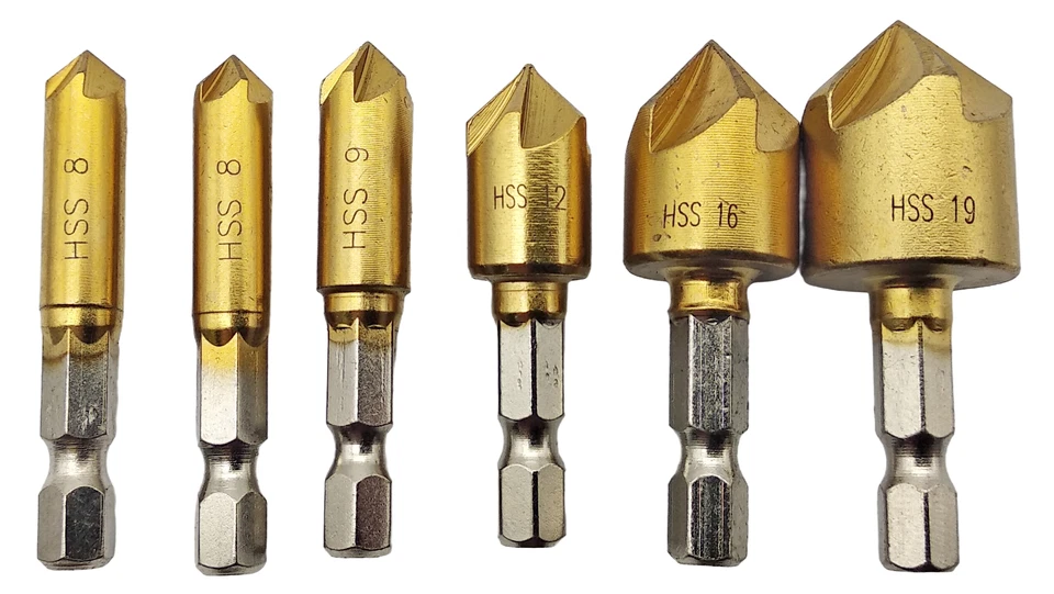 6 tlg HSS Senker Bohrer Set TIN 8-19 mm für Akkuschrauber Sechskant Bit Aufnahme - Bild 1 von 2