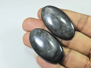 42-43MM AAA Silver Obsidian Oval Stone 2Pcs Cabochon Loose Gemstone 92Cts. N715 - Picture 1 of 9