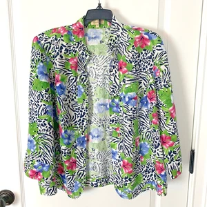 Choices Jacket Womens 1X Linen Open Front Animal Floral Shoulder Pads 3/4 Sleeve - Picture 1 of 5