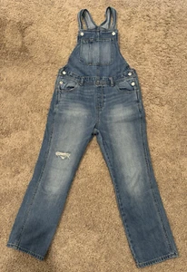Old Navy Overalls Girls L Denim Jeans Medium Wash Blue Distressed Straight Leg - Picture 1 of 7