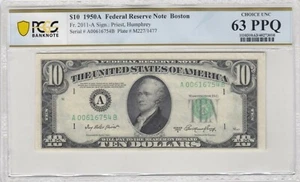 $10 1950A FEDERAL RESERVE NOTE Fr.2011-A PCGS CHOICE UNC 63 PPQ - Picture 1 of 2
