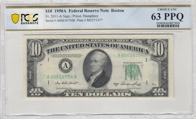 $10 1950A FEDERAL RESERVE NOTE Fr.2011-A PCGS CHOICE UNC 63 PPQ - Image 1 of 2