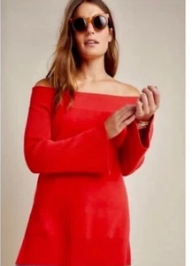 ANTHROPOLOGIE Elise Ribbed Tunic Sweater Off Shoulder Red Size 1X Bell Sleeves - Picture 1 of 7