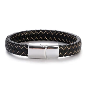 8.5' Men's Leather Braided Bracelet Bangle Stainless Steel Magnetic Clasp - Picture 1 of 46