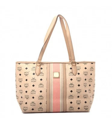 Bolso de Mano MCM Visetos Rayas Coñac Logo Recubierto Lona Cuero Borde Forro Rosa Foto 1 de 4