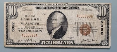 1929 Ten Dollar National Currency $10 Banknote - 5052 McAlester Oklahoma #96325 - Image 1 of 2
