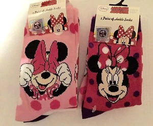 2 Pk Girls Disney Socks with Minnie Mouse Detail Stripe or Spot. 6-8, 9-11, 12-2 - Picture 1 of 1