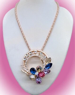 Sparkly!  Betsey Johnson Pink Purple Blue Crystal Flower Scarf Hair Clip & Chain - Image 1 of 4