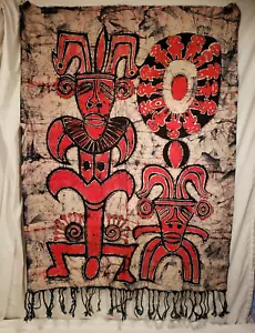 Vintage Aztec Design Cloth Tapestry Fringe Bottom, Dyed Design, 44" x 34" - Picture 1 of 12