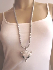 Damen Hals Kette Bettelkette Modekette lang XL Strass Fuchs Silber Klar Bling - Bild 1 von 3