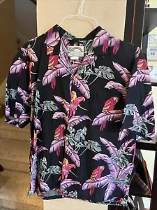 VINTAGE Paradise Found Mens LG Parrot Floral Hawaiian Shirt Purple Magnum PI - Picture 1 of 6