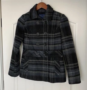 Rothschild Plaid Wool Pea Coat Blue Black Button Holiday Jacket Girls Large 14 - Picture 1 of 11