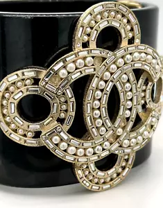 CHANEL Black Resin Crystal & Pearl Cuff Bracelet - Picture 1 of 15