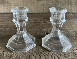 PAIR Clear GLASS TAPER CANDLE HOLDERS Candlesticks 4" Tall Hexagon Base EUC - Picture 1 of 3