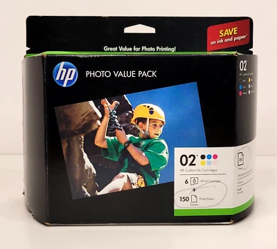 Genuine HP 02 Ink Cartridges Photo Paper Value Pack Black Yellow Cyan Exp 2018 - Image 1 of 4