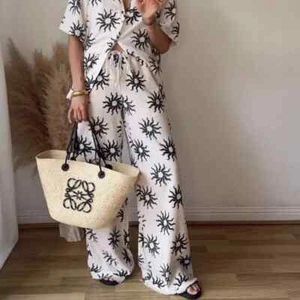 NWT H&M Linen-blend Drawstring Wide-leg Pants White/gray/suns 1262025006 Size L - Picture 1 of 6