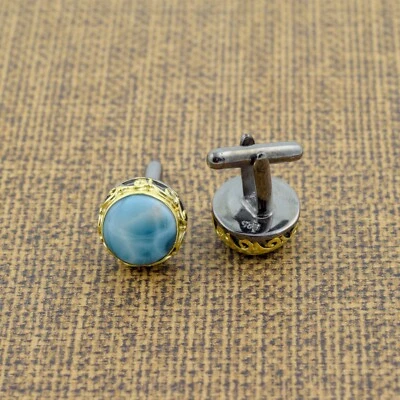 Gemelos redondos de piedras preciosas naturales Larimar enchapados en oro de plata de ley 925 joyas Foto 1 de 4