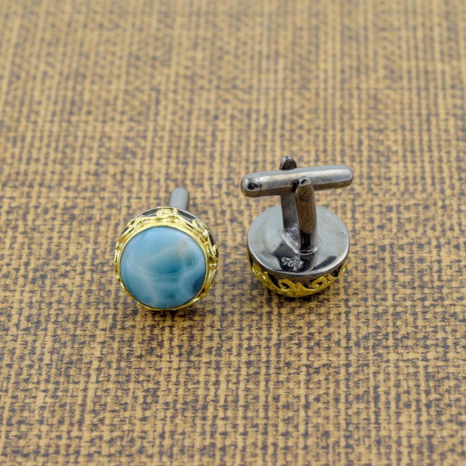 Gemelos redondos de piedras preciosas naturales Larimar enchapados en oro de plata de ley 925 joyas Foto 1 de 4