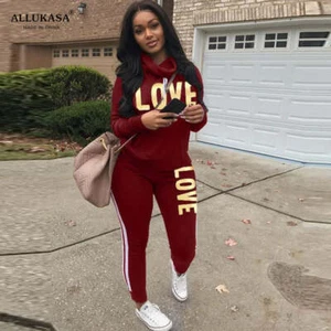 2 Piece Set Women Outfit LOVE Letter Print High Neck Hoodies Sweatshirt Pants Tr - Picture 1 of 5