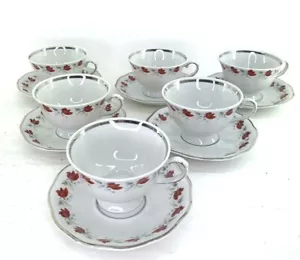 JanolinaTeetasse und Untertasse Made in Poland rote Rose mit silberner Zierleiste - Bild 1 von 5