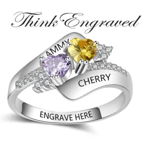 Personalized Mother's Ring 2 Heart Stones Accent Gems 2 Names .925 Silver - Picture 1 of 7