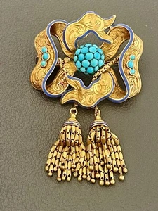 Gorgeous Victorian 14k Yellow Gold Blue Turquoise And Enamel Brooch (S253) - Picture 1 of 10