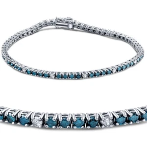 2 Carat Blue & White Real Diamond Round Tennis Bracelet 14K White Gold 7" - Picture 1 of 4