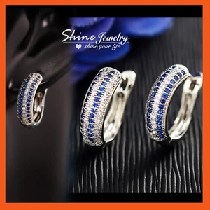 18K WHITE GOLD GF BLUE SAPPHIRE SIMULATED DIAMOND OVAL BAND SOLID HOOP EARRINGS - Picture 1 of 6