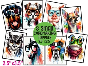 8 SMALL Card Toppers Funky Animals in Glasses CRAFTS/Tags/Cardmaking/Scrapbook - Picture 1 of 1