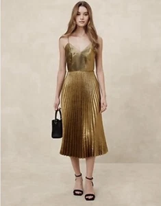 Vestido de Fiesta Banana Republic Metálico Dorado Plisado Tirantes Midi Talla 12 NUEVO - Imagen 1 de 9