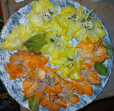 11 винтажных шелковых цветов Millinery 60-е 3,5 дюйма желтая оранжевая органза сделано в Японии - Изображение 1 из 4