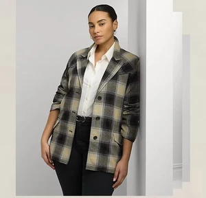 Lauren Ralph Lauren Plaid Wool Blend Twill Jacket Woman Size 22W Black Gray NWT - Picture 1 of 9