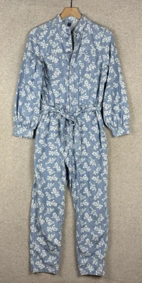 Macacão Gap Feminino Pequeno Azul Branco Floral Denim Botão para Cima Boho Praia - Imagem 1 de 4