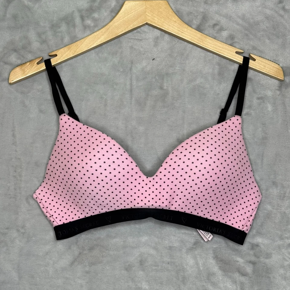 Victoria's Secret 胸罩女式 34B 粉色圆点浅衬里无线 T 恤 — 第 1/4 张图片