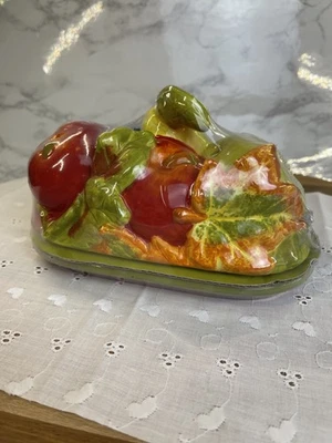 VINTAGE ESSENTIAL HOME FIGURAL FRUIT 1/4 lb. CERAMIC COVERED BUTTER DISH- New - Image 1 of 4