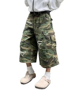 New Men's Green Camouflage Wide Straight Leg Ripped Holes Breathable Shorts Punk - Picture 1 of 15