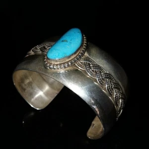  Men's Navajo Signed Kingman Turquoise Sterling Silver Cuff Bracelet Peralto - Imagen 1 de 12
