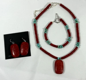 Native American Jewelry Set - Turquoise and Coral Necklace, Bracelet, Earrings - Picture 1 of 8
