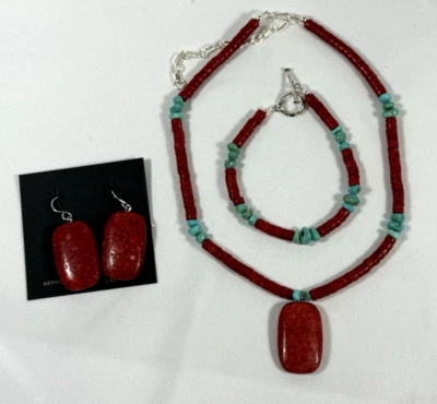 Conjunto de Joyas Nativas Americanas - Collar, Pulsera, Pendientes Turquesa y Coral Foto 1 de 4