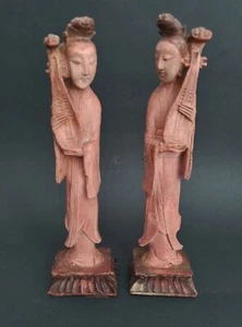 2x Antique Chinese Lady Courtesan Musician Figurines circa early 1900's Rare - Picture 1 of 11